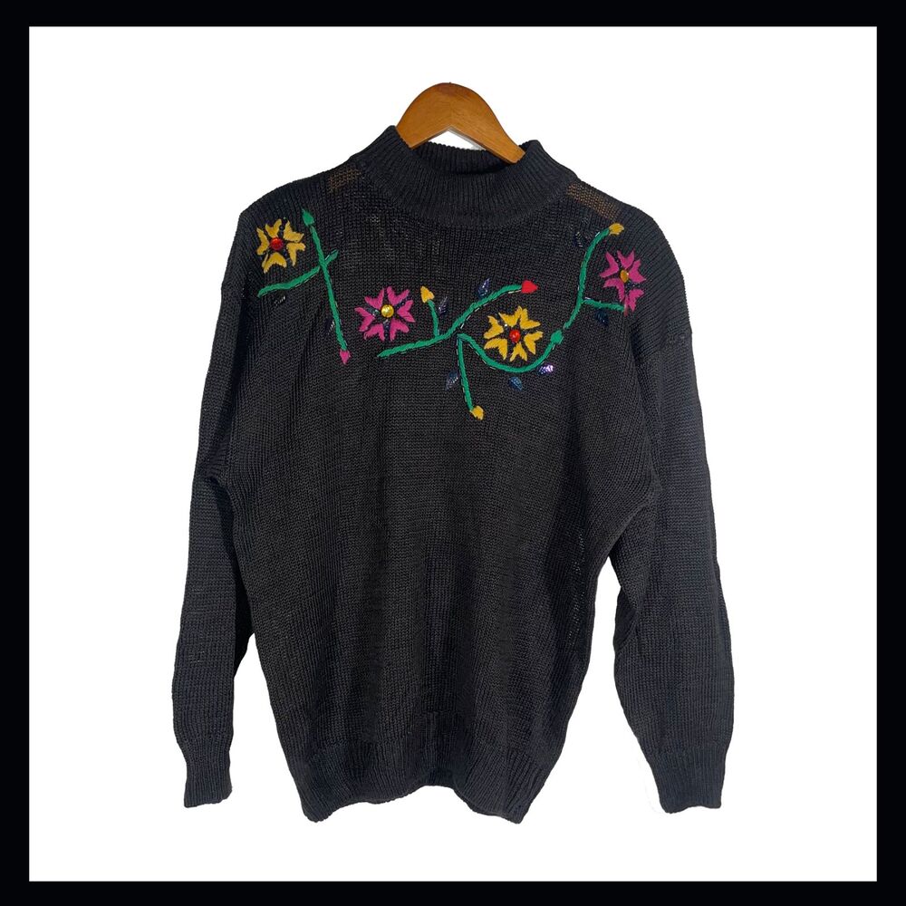 Vintage Basket of Yarn Embroidered Sweater Ramie Cotton Black Floral Size L